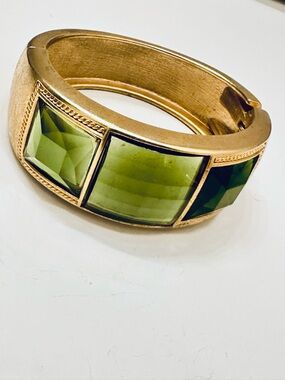 Gold and Green Hinged Bangle - Approx 7”